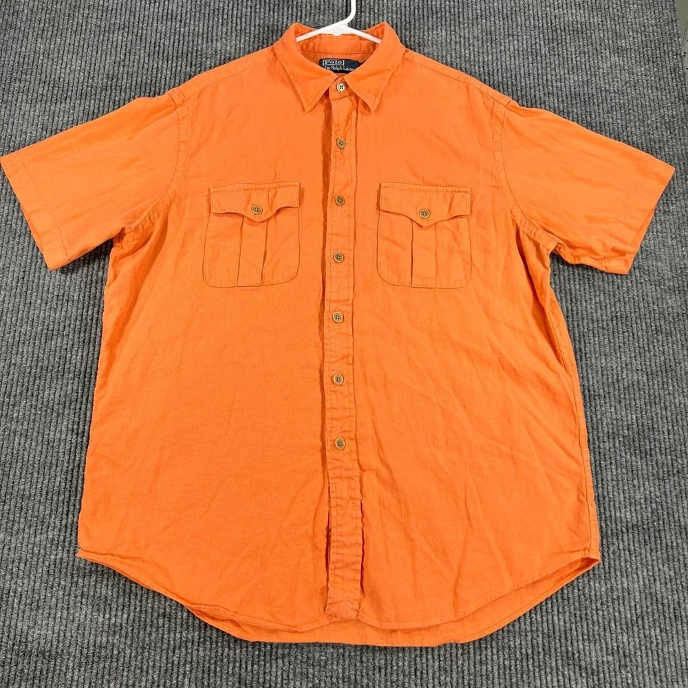 Polo Ralph Lauren Shirt Mens XL Extra Large Orange Short Sleeve Work Pockets
